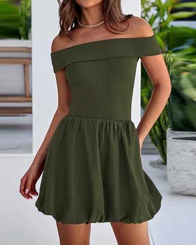 Image of PRETTYGARDEN Women Summer Sexy Off Shoulder Bubble Dress 2025 Cocktail Party Mini Dresses with Pockets