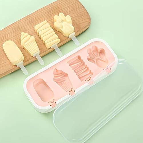 Image of 4 Candy Theme Cavity Non-Stick Silicone Ice Cream Mould with Lid & 6 Plastic Sticks Reusable Ice Lolly, Frozen Candy, Kulfi Molds, BPA-Free Stackable DIY Icecream Popsicle Maker (Multicolor)