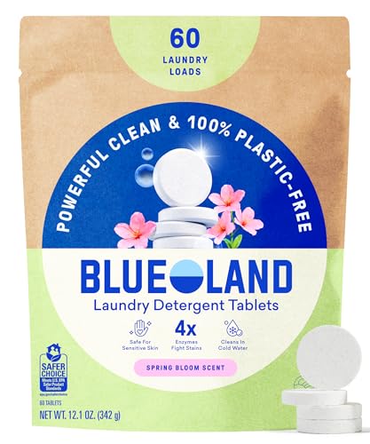 BLUELAND Laundry Detergent Tablets, 60 Count, Spring Bloom Scent, Plastic-Free Eco-Friendly Pods...