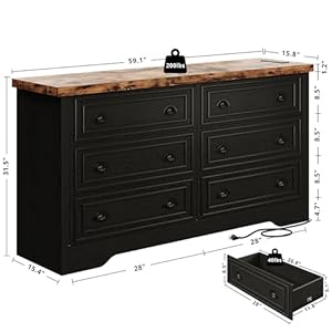 Likimio 59 6 drawers dresser for bedroom power strip farmhouse large wood dressers chest of drawers with wide storage cabinet black  urban country home decor