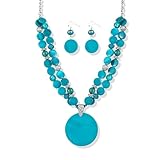 Xalroco Layered Beads Statement Fashion Necklace Chunky Jewelry Set Big Colorful Glass Stone Circle Shell Pendant Choker Necklace and Earring Set for Women (teal)