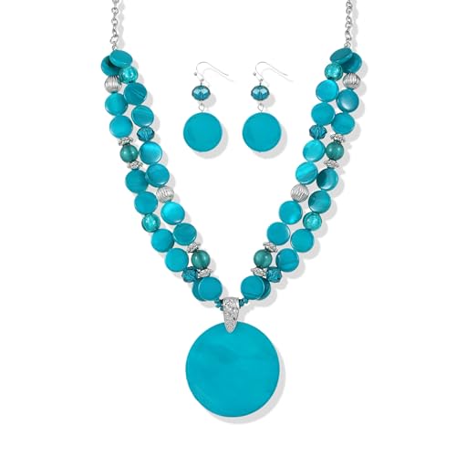 Xalroco Layered Beads Statement Fashion Necklace Chunky Jewelry Set Big Colorful Glass Stone Circle Shell Pendant Choker Necklace and Earring Set for Women (teal)