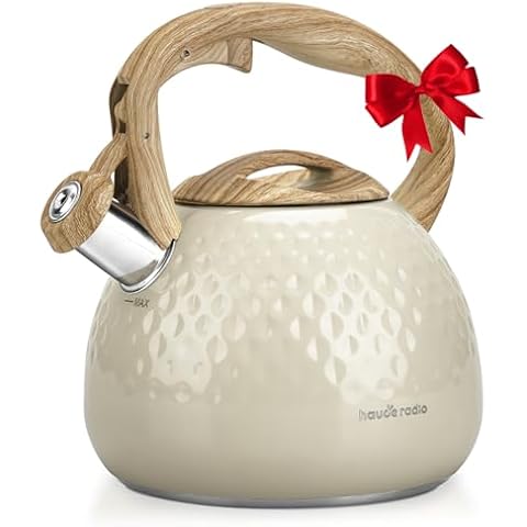 Hauce Radio Tea Kettle Stovetop Teapot, 2.5 Quart Loud Whistle Food Grade Stainless Steel and Smooth Wood Pattern Handle, Sophisticated Look for Hiking, Picnic, for Tea, Coffee Milky White Cover