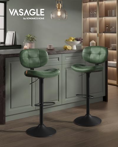 Image of VASAGLE Bar Stools Set of 2, Height Adjustable Kitchen Barstools, Swivel Bar Chairs with Back and Footrest, Quilt PU Leather Surface, Dining Room, Counter, Steel, Forest Green ULJB150C101S