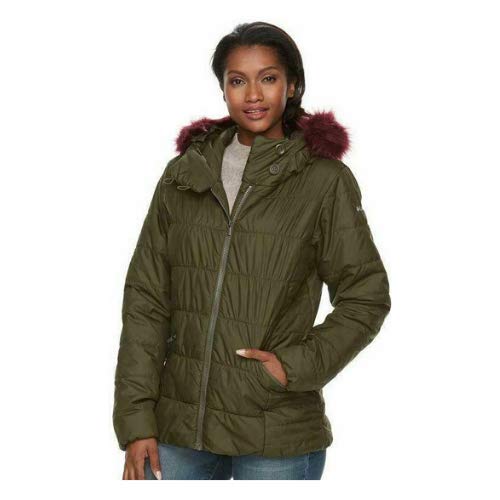 Columbia Sparks Womens Puffer Jacket Green Faux Fur Trim Hood Thermal Coil XL