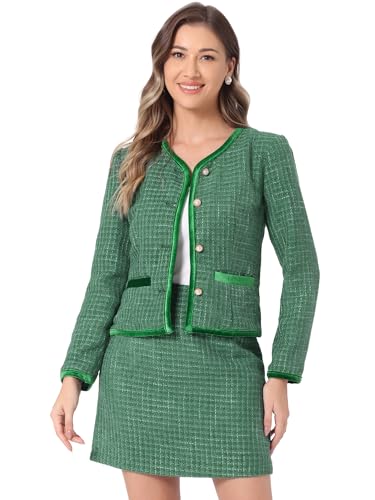 Ensemble de costume 2 pièces femme jupe et blazer court en tweed vert Allegra K