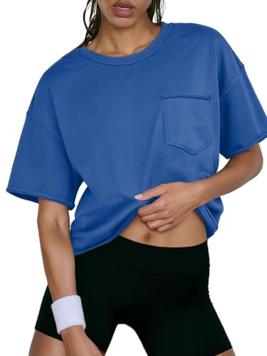ATHMILE Workout Shirts for Women T-Shirts Short Sleeve Workout Crop Tops Casual Drop Shoulder Boxy Roll Hem Basic Loose Tees Blue