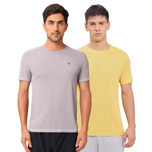 Image of TECHNOSPORT Men's 100% Polyester Slim Fit Solid Short Sleeve T-Shirt for Gym, Workout, Sports and Regular Use - Pack of 2