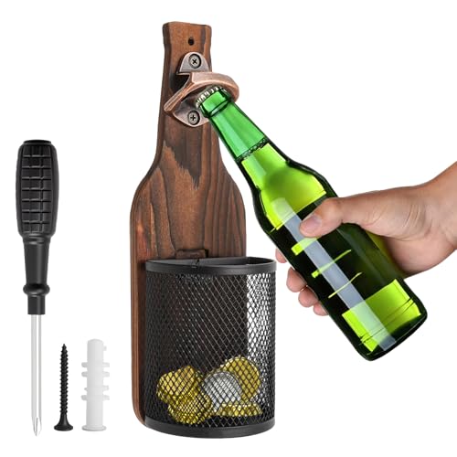 XRVRILE Flaschenöffner Wand mit Kronkorken Sammler 25cm Flaschenöffner Holz mit Auffangbehälter aus Metall Bieröffner Wand Vintage Design Geschenke für Männer Bar Zubehör Küche Terrasse Garten