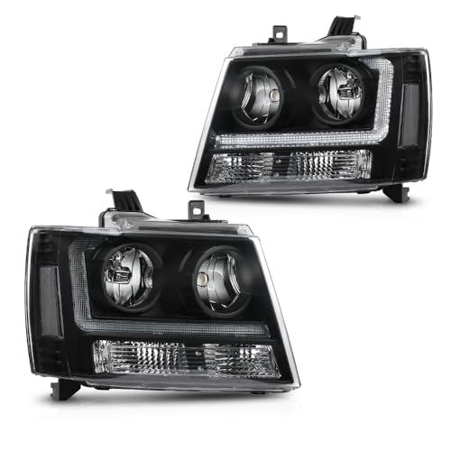 PIT66 LED Headlights Assembly Compatible with 2007-2014 Chevy Tahoe Suburban/Fit 2007-2013 Avalanche Headlamp Replacement Clear Lens Black Housing Amber Corner