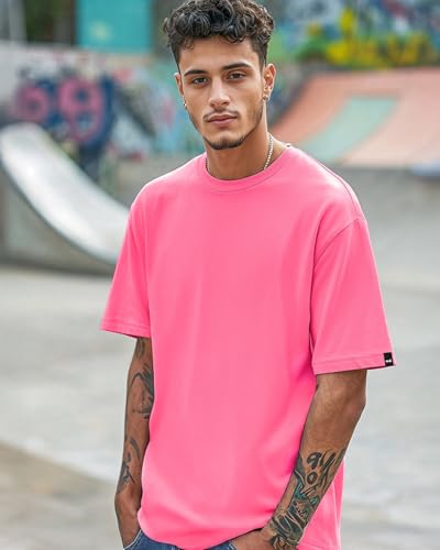 Image of Bewakoof Men's Cotton Solid Super Loose Fit Half Sleeve Round Neck T-Shirt | Casual Wear | Street Wear | Oversized t Shirt for Men Cotton| Baggy