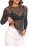 YVH Womens Stretchy Glitter Sheer Mesh Blouse Tops Sexy T Shirt for Layering, Club, Concerts & Party, Black Silver L