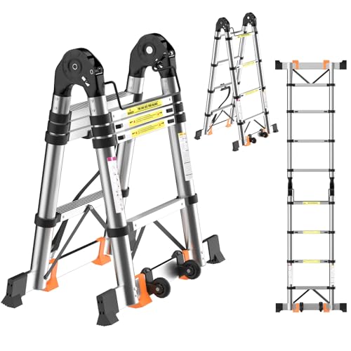 3.5M/ 11.5Ft Telescopic Ladder 2-in-1 1.7M+1.7M with Wheels Anti-Tip Balance Bar High-Strength Stainless Steel Pro Stabilizer A-Frame/Straight Ladder 150kg Load for Professional and Home Use EN131