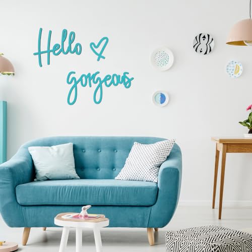 Image of Blulu Hello Gorgeous Wall Decor Sign Hello Gorgeous Wall Art Minimalist Wooden Words Decor for Lash Room, Salon, Vanity or Makeup Room, Bathroom, Bedroom, Office(Blue)
