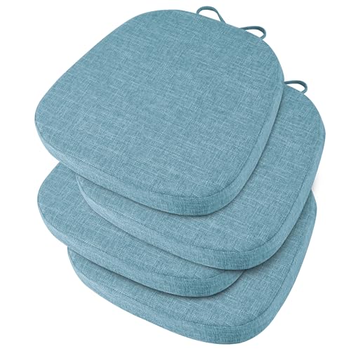Image of OVOV 14x14 Chair Cushions for Metal Dining Chairs Set of 4 Light Blue | Non Slip, Washable Removable Cover with Ties, Textured, for Dining Room, Kitchen Cafes Bistro Patio, Stackable Chairs