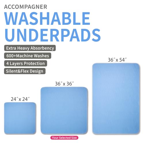 Image of Accompagner Incontinence Bed Pads Washable Waterproof, Ultra-Absorbent Reusable Underpads for Diaper Changing, Nursing, Bedridden, Adults, Seniors, Kids and Dogs (Blue, 36 inchx36 inch(Pack of 4))