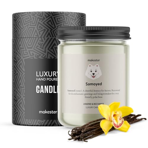 Samoyed Gifts - Luxury Soy Wax Candle - Vanilla, Jasmine, Sugared Almond - Makester, White, 220g