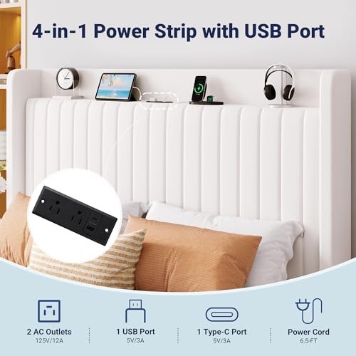 Image of Allewie Full Size Lift Up Storage Bed Frame,Storage Shelf Headboard with Charging Station,Type-C and USB Ports,Hydraulic Support,Velvet Upholstered Bed Frame,No Box Spring Needed,White