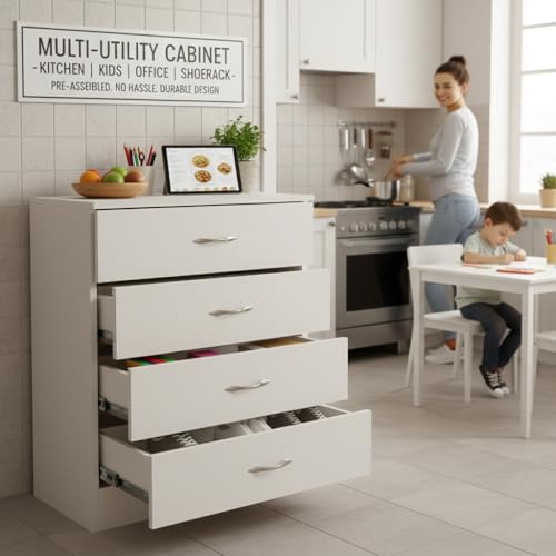 Image of Alpine Willow Engineered Wood Chest of Drawers for & Office|Filing Cabinet for Home /Office|Storage cabinets|4 Tier Drawers|Multipurpose Organiser for Bedroom,Hallway,Living Room (Frosty White)