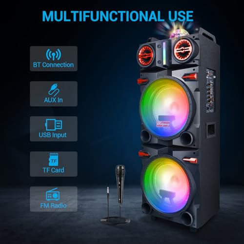 ROXAAN Wireless 10" x2 Dual Woofer Portable Bluetooth Hi-Fi Speaker Rechargeable PA System - Peak Power Karaoke Machine with DJ Sound Stereo Loudspeaker, Flashing Party Light, Telescopic Pull Rod
