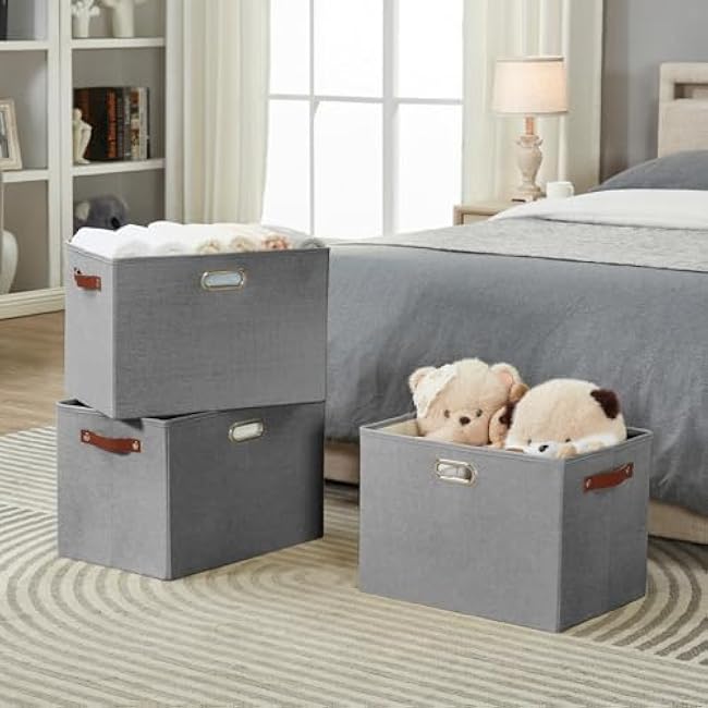 3-Pack Foldable Fabric Storage Bins with Durable PU & Metal Handles, Collapsible Storage Baskets for Shelves, Home Storage, Closet Organizers, Living Room(17x11.8x11.8, Grey)