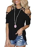 BILIKE JOMEX Off The Shoulder Tops for Women Sexy Short Sleeve Strappy Cold Shoulder T-Shirt S-Black XL