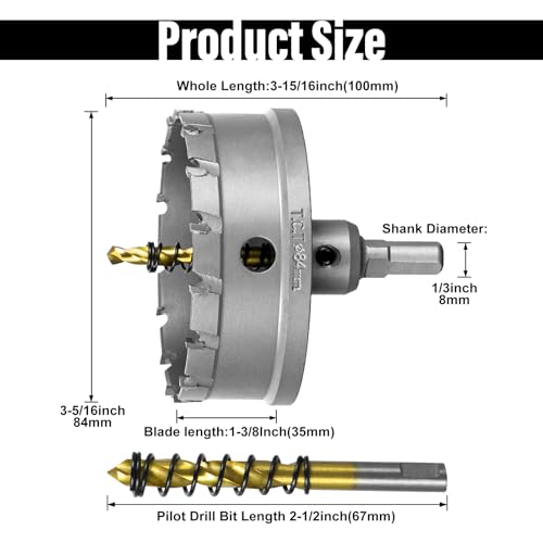 Image of SALI 3-5 /16 inch(84mm) TCT Hole Saw Kit Tungsten Carbide Tipped Hole Saw Drill Bit with Titanium-Plated Pilot Drill bit for Metal, Stainless Steel, Iron, Wood, Plastic
