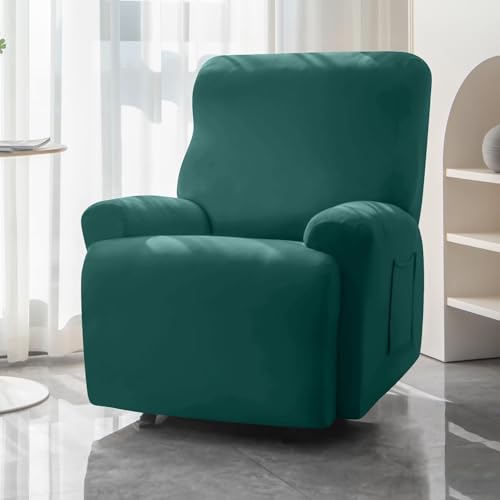 Image of HOKIPO 'SereneSolids' 140 GSM 4-Pieces Elastic Stretchable Recliner Sofa Cover 1 Seater Fully Covered Soft Washable Sofa Slipcovers Furniture Protector, Teal (NEW2-4740-TEAL)