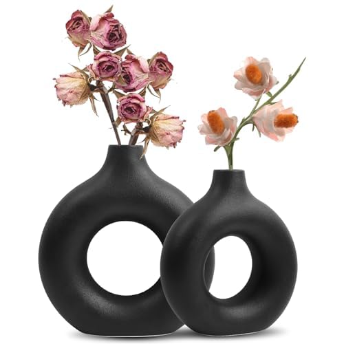 QUTHZZHY Black Ceramic Donut Vase Pack of 2 for Home/Office/Party