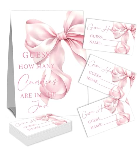 Qwertirsr Pink Bow Guess How Many Party Supplies Bow Theme Decorations for Bachelorette Bridal Engagement Wedding Girl Baby Shower Bow Theme Party Decor Include 1 Standing Sign & 50 Guessing Cards