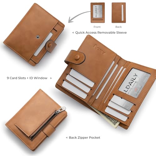 Image of Alldaily Small Slim RFID Blocking Leather Wallet for Women, Bifold with 10 Card Slots and Coin Pocket (Brown)