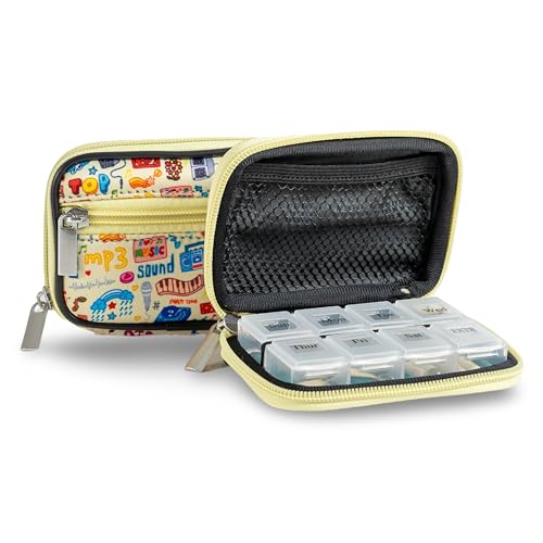 Image of Made Easy Kit Pill Case - Weekly Medicine Organizer with Removable Seven-Day Vitamin & Supplement Box - Premium Neoprene for Travel Purse Accessory (Yellow Music Lover)