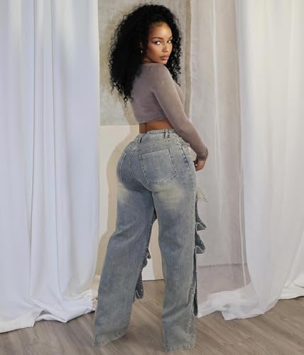 Women's High Waist Work Jeans, Straight Wide Leg, Loose Fit, Removable Stitching, Asymmetric, Stretch Denim4