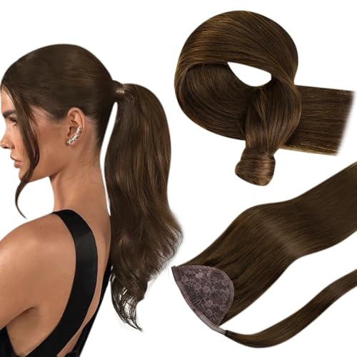 Hetto Hair Extension Ponytail Human Hair Brown 20 Inch Clip in Ponytail Hair Extensions Wrap Around Real Hair Ponytail Extension Straight for Quick Hairstyles 80g #4