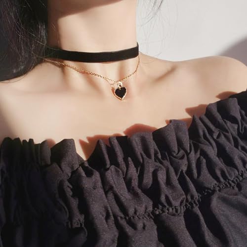 Choker Kette schwarz Damen Velvet Halsband, geschichteter Herz Schmuck, Gothic Frauen Schmuck