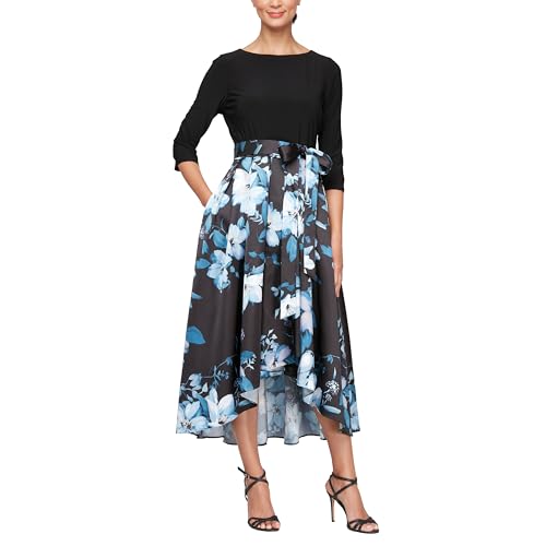 S.L. Fashions Women's Floral High-Low Gown with Pockets and Stretch Bodice, Wedding Guest Dress (Petite and Regular Sizes)