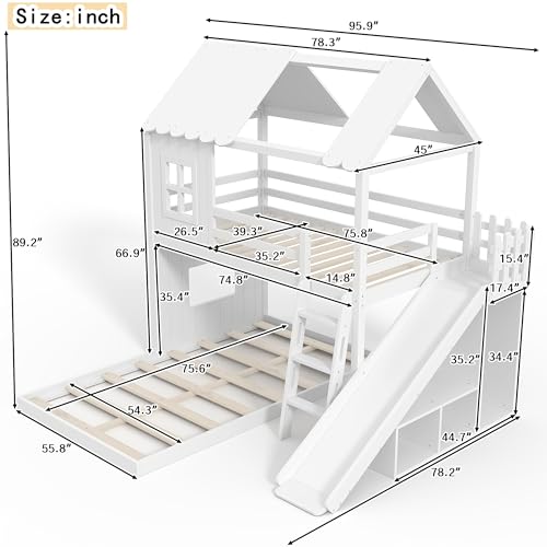 Image of Bellemave Bunk beds Twin Over Full with Slide,Ladders,Bookshelf and Wardrobe House roof Design, Low bunk /loft Bed for Kids,White