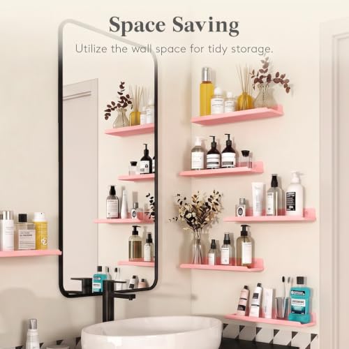 Image of Lifewit Acrylic Floating Shelves for Bathroom 14 inch Pink, 4 Pack | Wall Mounted Display Shelf for Makeup, Skincare, Nail Polish, Book, Perfume Organizer for Bedroom, Living Room, Nursery Decor