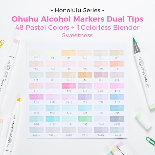 Image of Ohuhu Alcohol Brush Markers Pastel-48 Colors of Honolulu Sweetness-Alcohol Based Double Tipped Art Marker Set for Artist Adults Coloring Illustration- Brush & Chisel