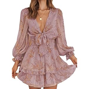 AlvaQ Womens Dresses Spring Summer Knot Front V Neck Ruffles Long Sleeve Floral Print Swing Mini Dress