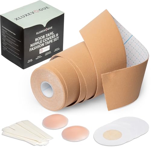 XLUXEVOGUE Boob Tape & Nipple Covers – 8M Lift Tape with a Silicone Covers Pair, 20 Clothing Strips & 4 Disposable Pasties for Backless, Strapless & Low-Cut Dresses