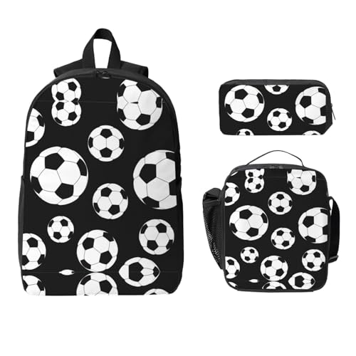 Soccer Black print Shoulder Bookbags Lunch Bag and Pen Case 17 inches Backpack with Lunch Box, Cute Bookbag Set2