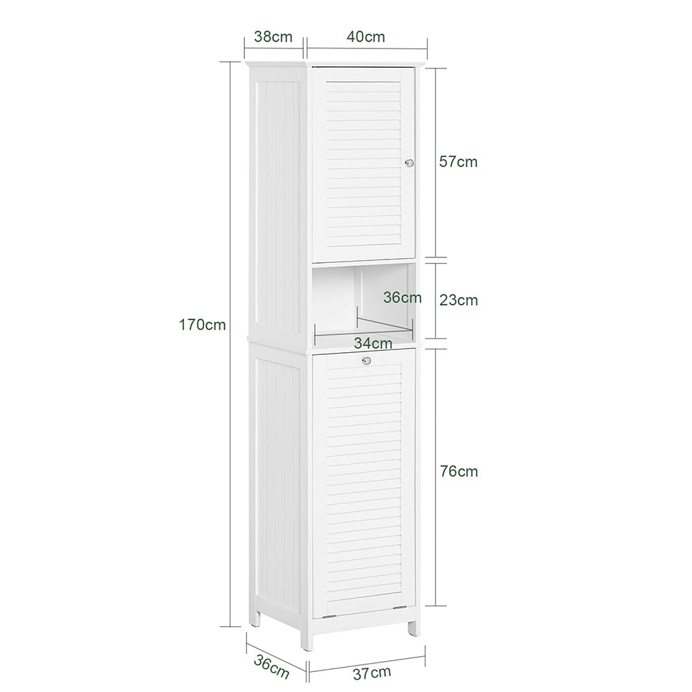SoBuy Mobile Bagno Salvaspazio con Portabiancheria Armadietto Bagno Alto e Stretto per Ambienti Compatti, Mobiletto con Ripiani, Mobile Lavanderia Bianco 40x170x38 cm BZR124-W