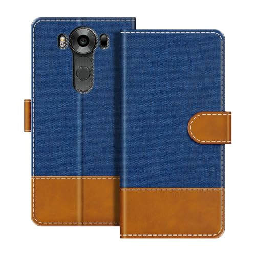 UOGNADGD Leather Flip Wallet Case Compatible with LG V10 Phone Cover with Card Holders, RFID Blocking, Magnetic Closure & Kickstand (Blue)