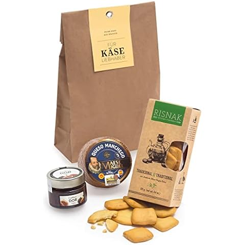 Feinkost-Geschenk FÜR KÄSELIEBHABER | Manchego-Käse aus Spanien, Feigenkonfitüre & Weizencracker mit Olivenöl | Geschenktüte für Gourmets und Liebhaber mediterranen Essens | Geschenkfertig dekoriert Cover
