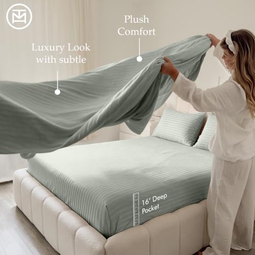 Image of Threadmill 600TC Cotton King Sheet Set, Sateen, Damask Stripe, Grey