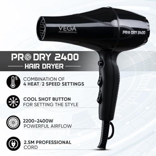 VEGA PROFESSIONAL Pro Dry 2400W Hair Dryer for Salon Professionals and Styling at Home | Cool Shot Button and Combination of 4 Heat & 2 Speed Settings, Black, (VPMHD-03) view 2