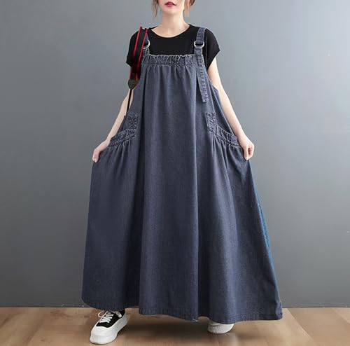 Image of Women's Casual Loose Denim Dress Sleeveless Adjustable Straps Denim Jumper Dress with Pockets