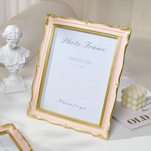 Pink 8x10 Picture Frame Vintage Frame, Ornate Pink and Gold Picture Frame with Glass Front Handcrafted Resin Frames, Antique Textured Design for Tabletop & Wall Display