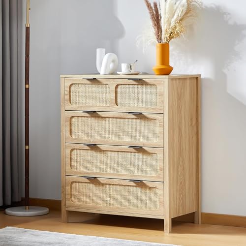 Cómoda moderna de ratán con 6 cajones con asas de metal, cómoda de almacenamiento de madera de granja en color nogal natural para dormitorio, sala de estar, muebles de entrada y pasillo
